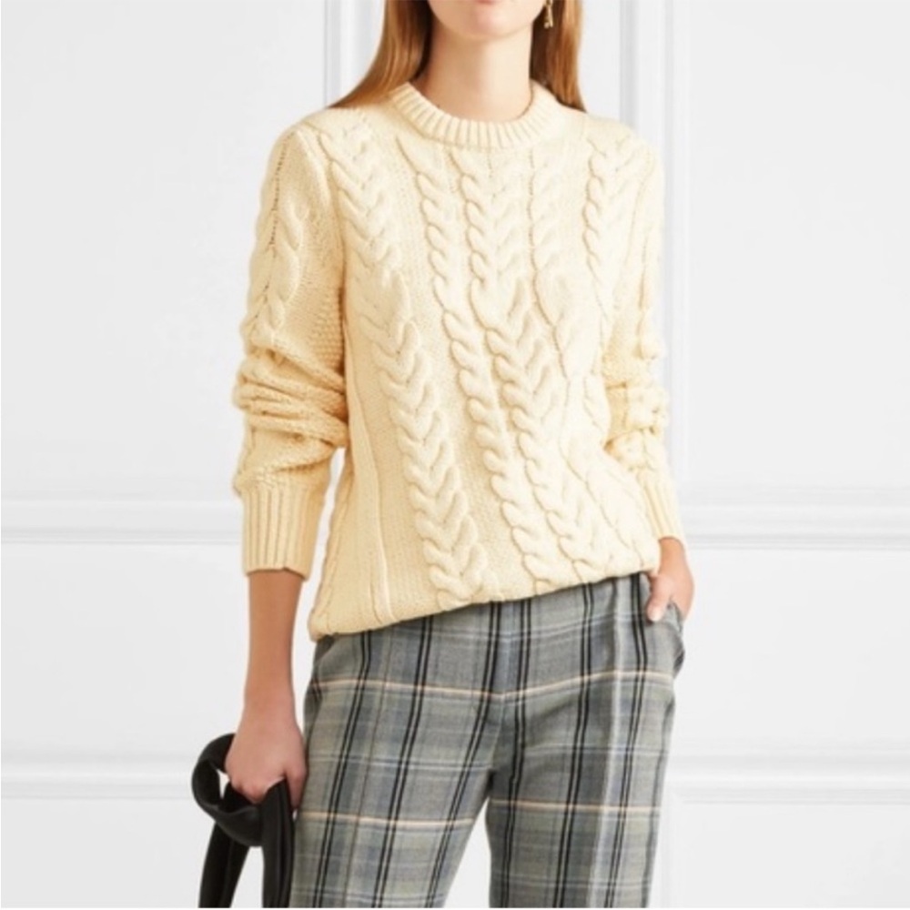 Theory "Twisted" Ivory Cream Chainette Wool Blend Cable Knit Pullover Sweater